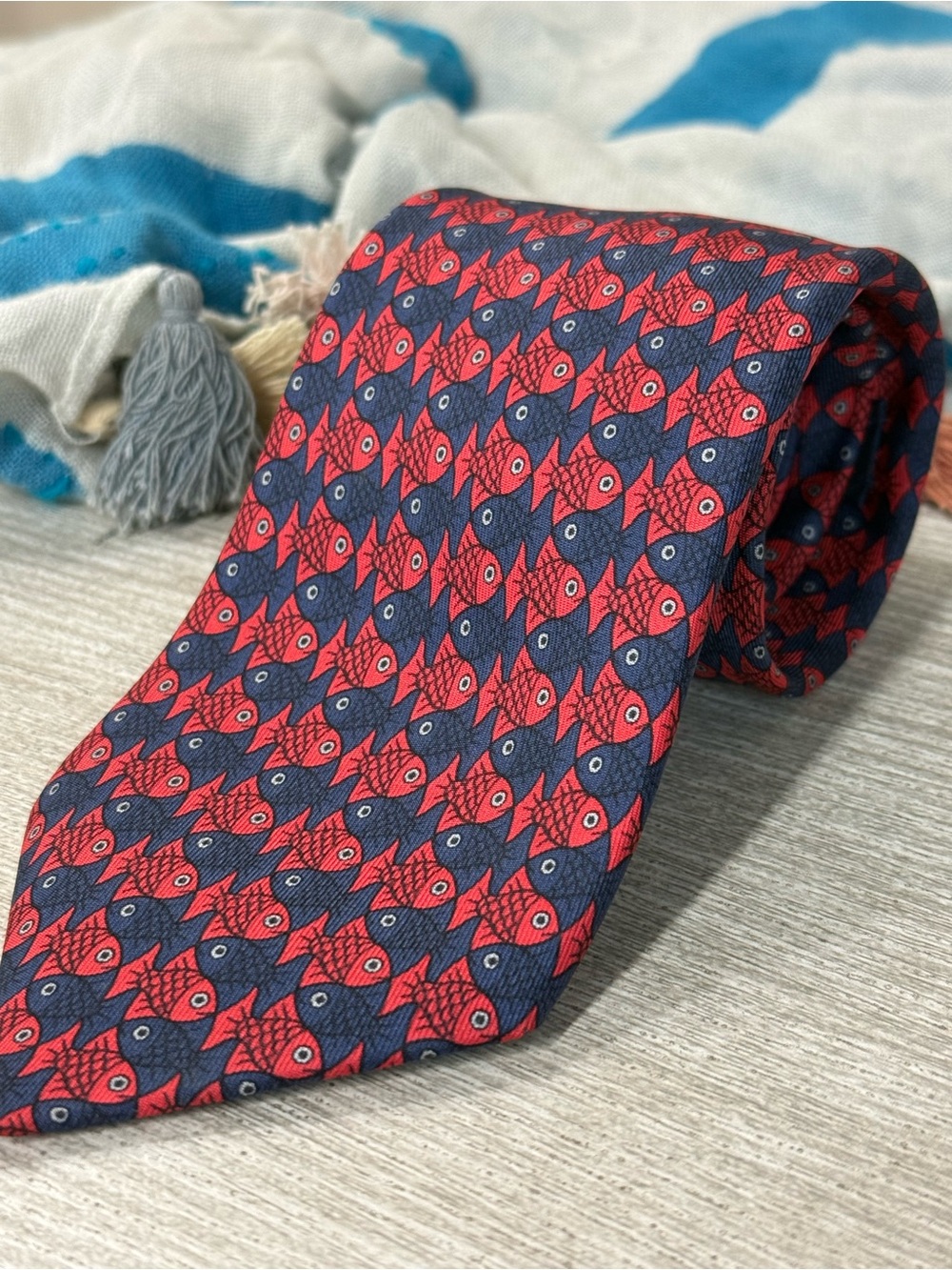 Mens Vintage Hermes Fish 100% Silk Tie